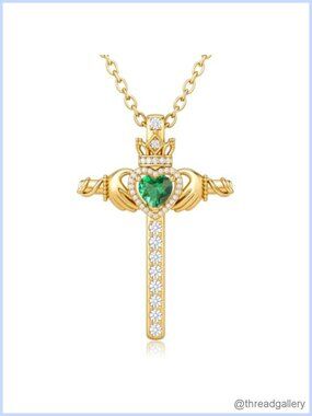 14K Gold Toned Celtic Cross Claddagh Pendant Necklace CZ